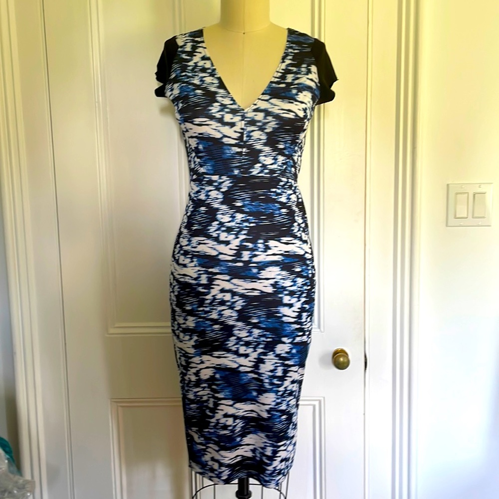 BodyCon print dress by Zara. Lightweight, with exposed back zip detail.